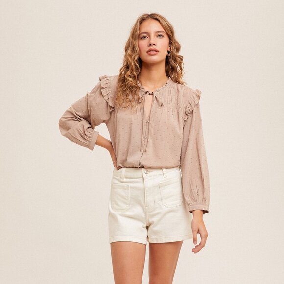 HEM & THREAD Taupe Swiss Dot Ruffle Blouse, Long Sleeve Tie Neck Top, Feminine - Picture 2 of 4